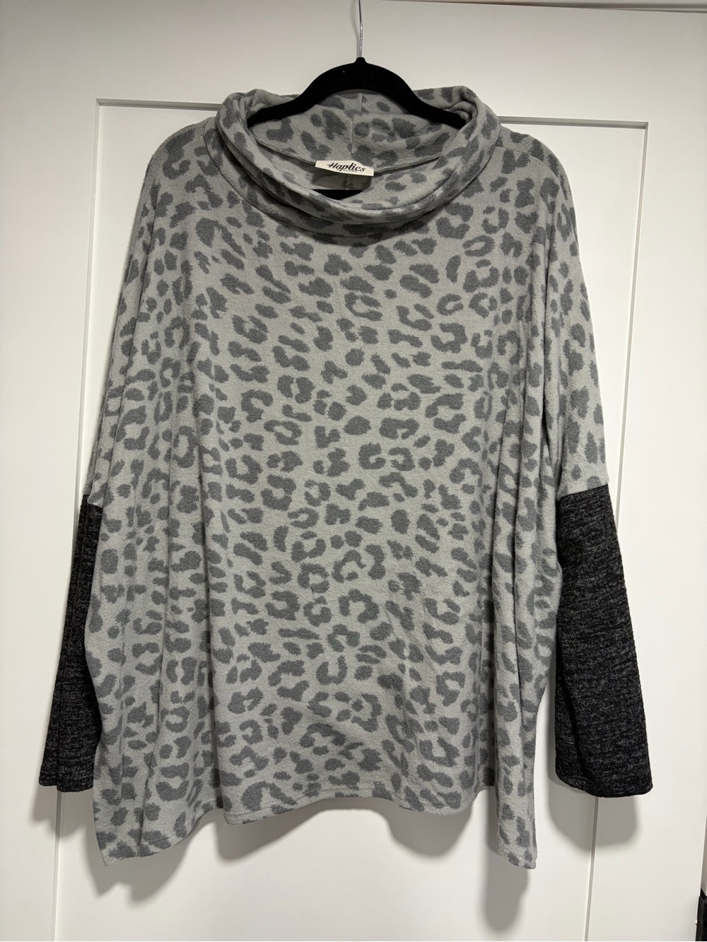 Light Gray Leopard Cowl Neck Sweater with Charcoal Sleeve Panels
